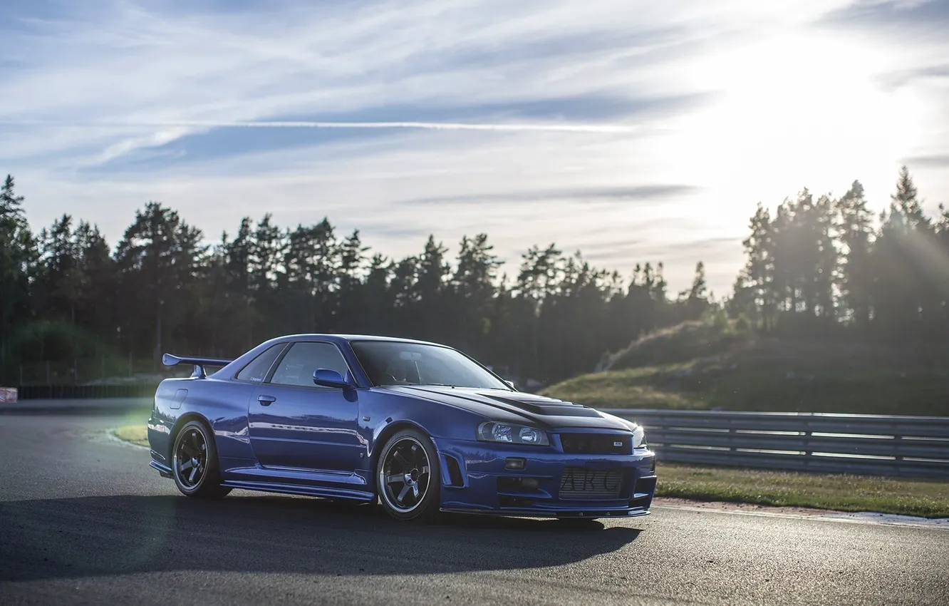 Фото обои Nissan, Car, Blue, Front, Sun, Day, Skyline, R34