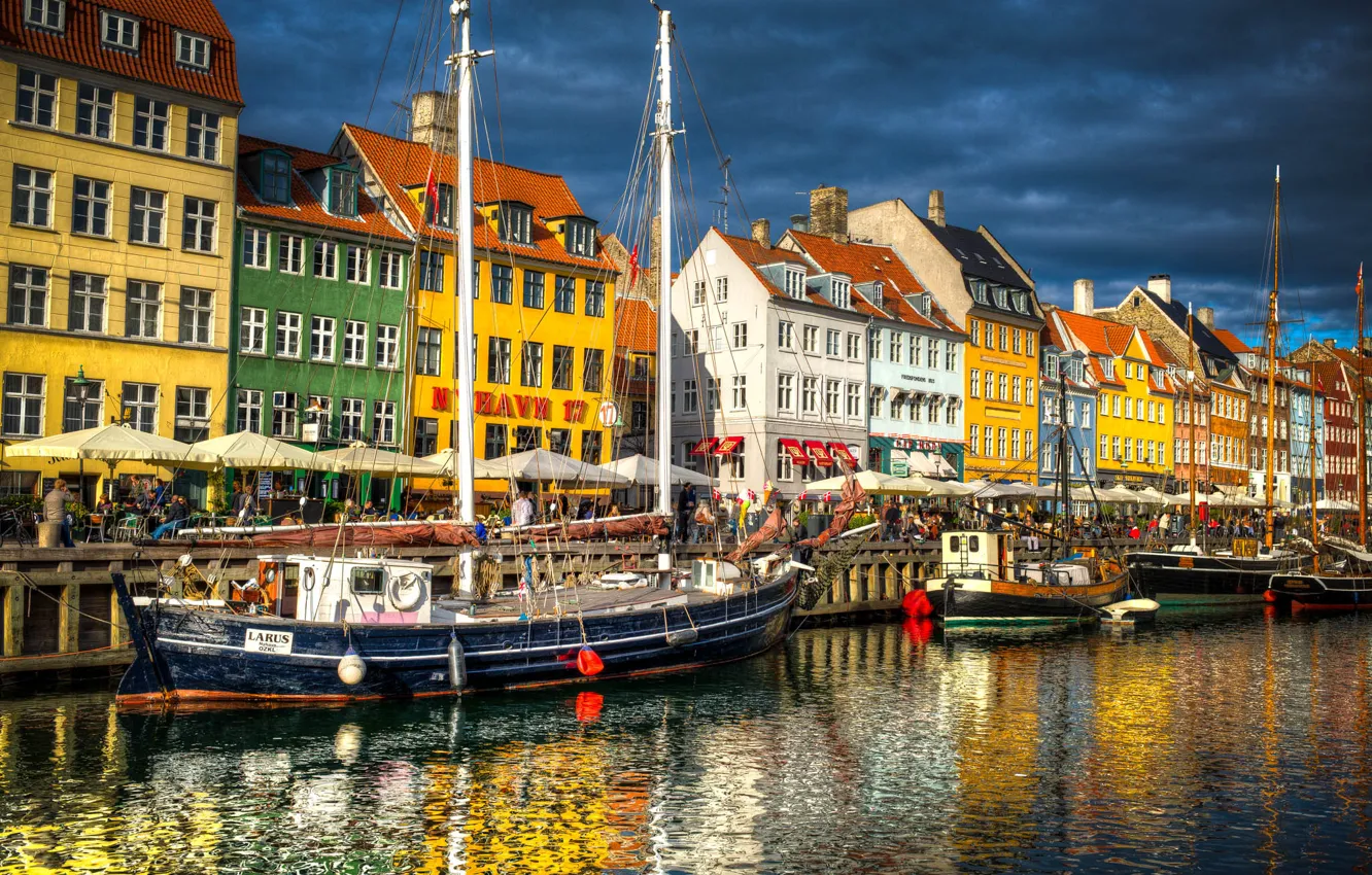 Фото обои здания, Дания, канал, набережная, суда, Denmark, Copenhagen, Копенгаген