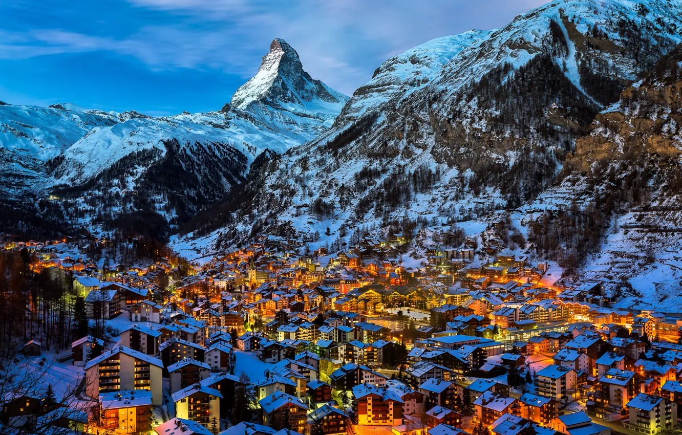 Фото обои зима, снег, горы, огни, вечер, Швейцария, деревня, Альпы