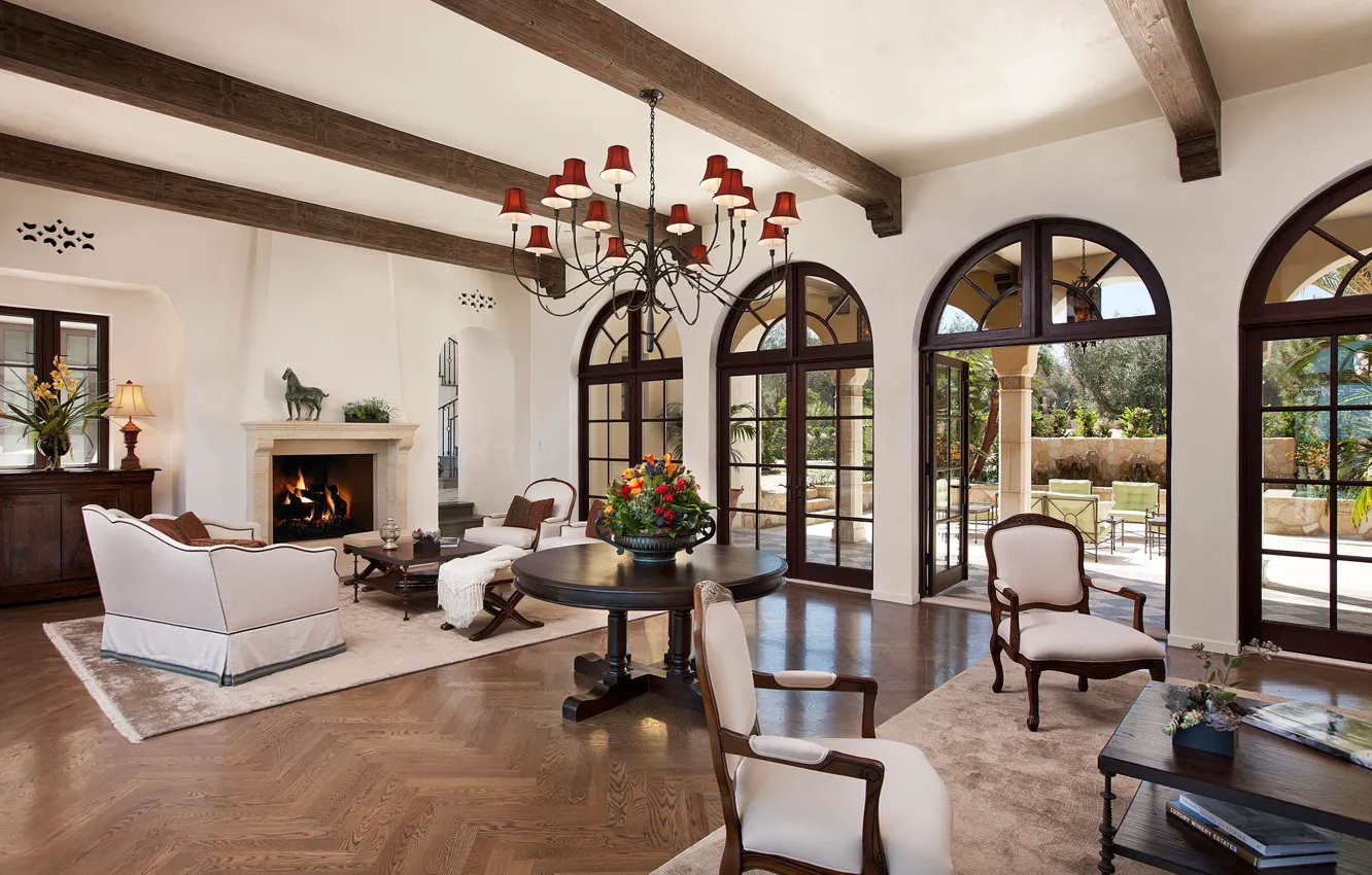 Фото обои вилла, интерьер, камин, гостиная, spanish colonial interior