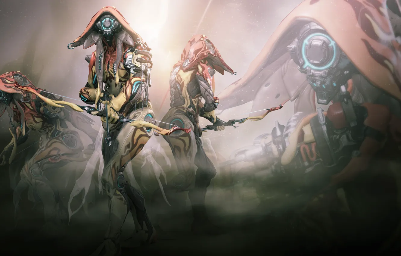 Фото обои туман, оружие, солдаты, броня, киборги, Warframe
