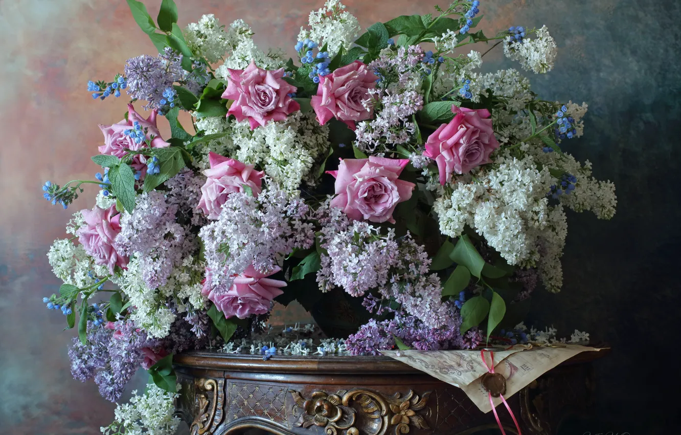 Фото обои фон, розы, букет, сирень, Андрей Морозов