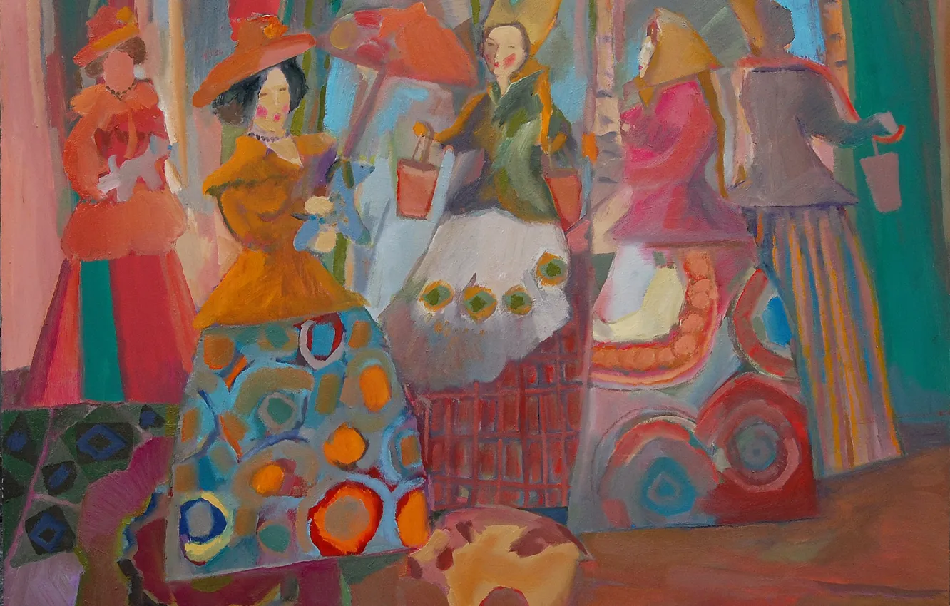 Фото обои женщины, зонтик, леди, Светлана Нестерова, игрушечная хрюша, Дымковские разговоры