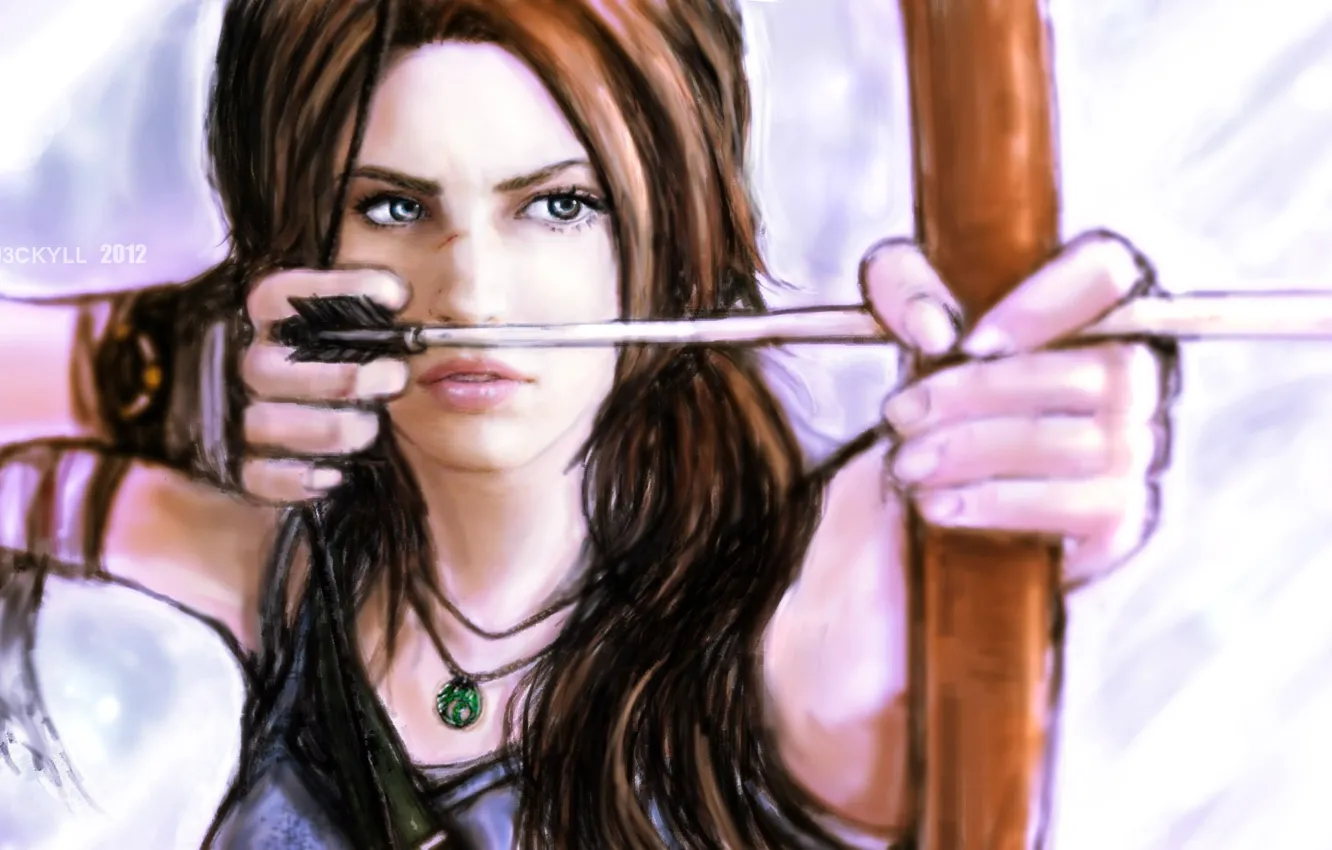 Фото обои взгляд, девушка, лицо, оружие, волосы, игра, рисунок, лук
