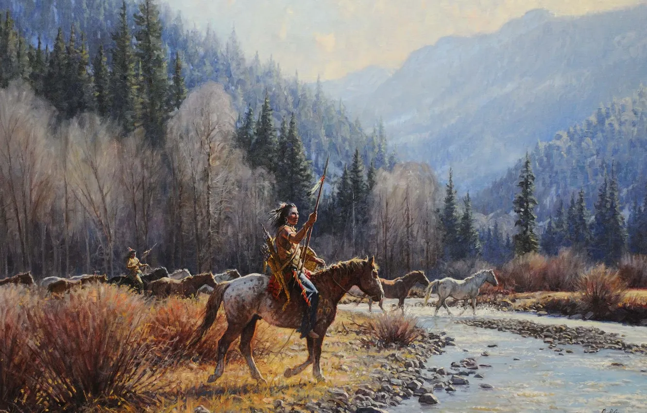 Фото обои Горы, Деревья, Картина, Индейцы, Лошади, Речка, Martin Grelle, Американский художник