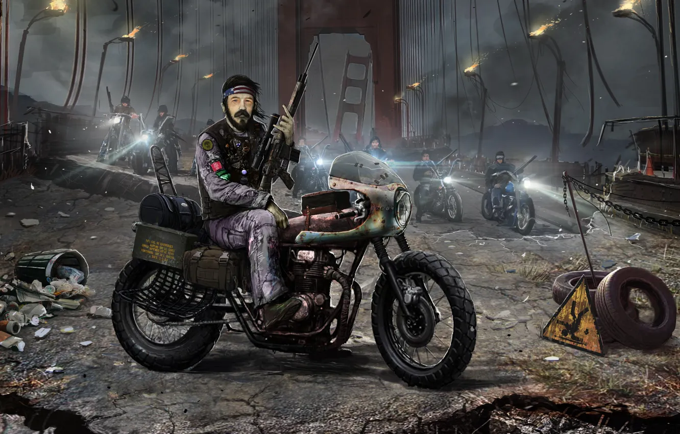 Фото обои мост, мотоцикл, байкер, байк, постапокалипсис