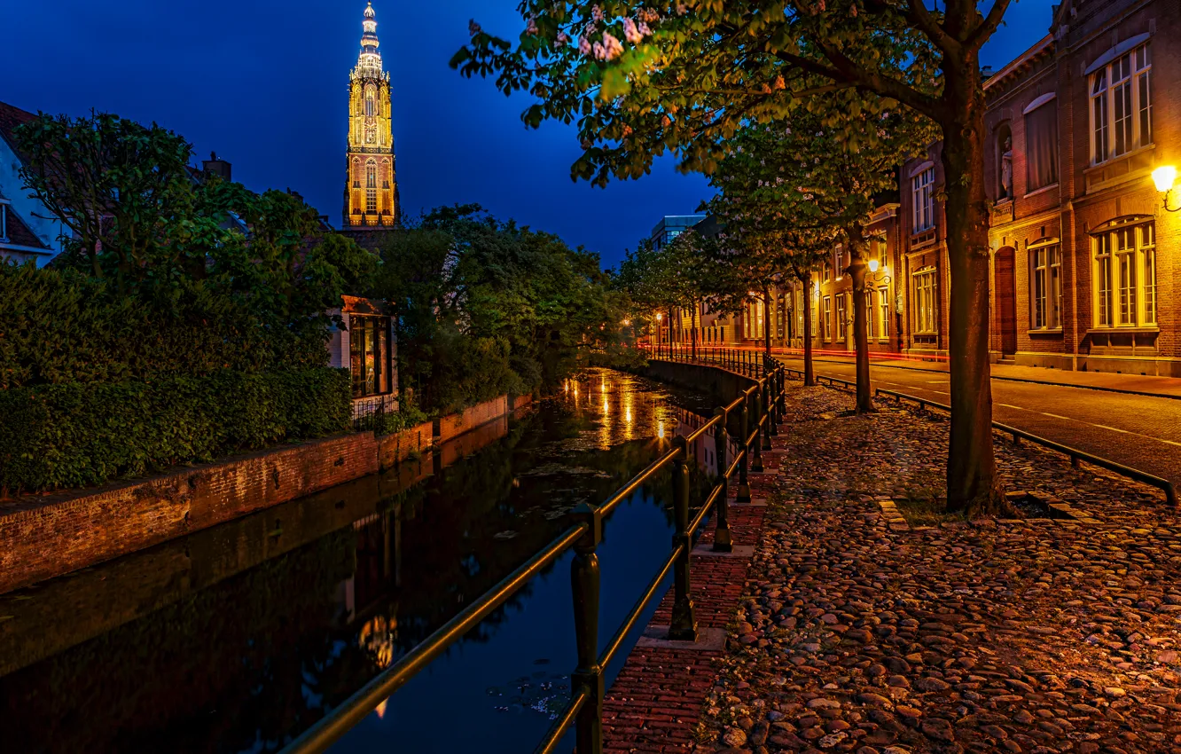 Фото обои ночь, lights, фонари, канал, Нидерланды, аллея, night, Netherlands