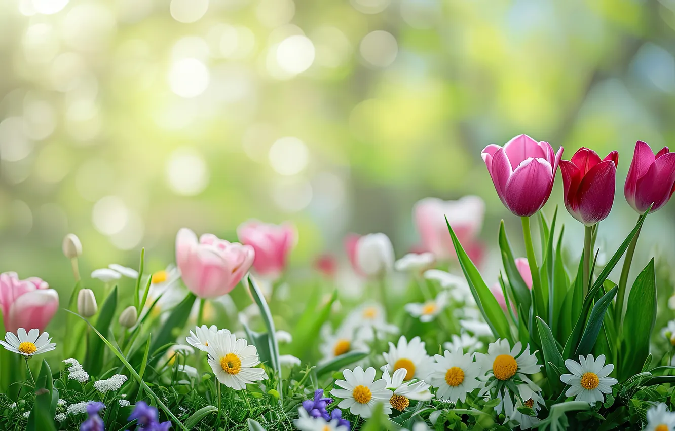 Фото обои поле, цветы, ромашки, весна, sunshine, цветение, blossom, flowers
