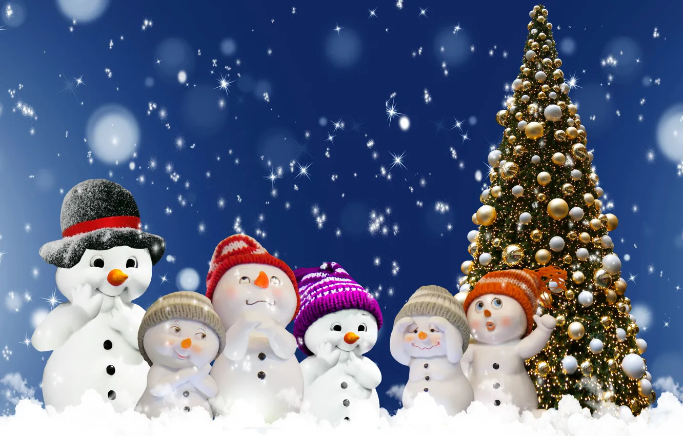 Фото обои Улыбка, Рождество, Новый год, Ёлка, Снеговики