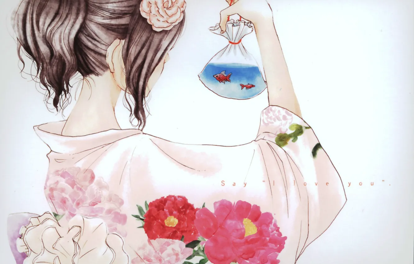 Фото обои рыбки, пакет, юката, цветок в волосах, Tachibana Mei, цветочный узор, Say i love you, Скажи …