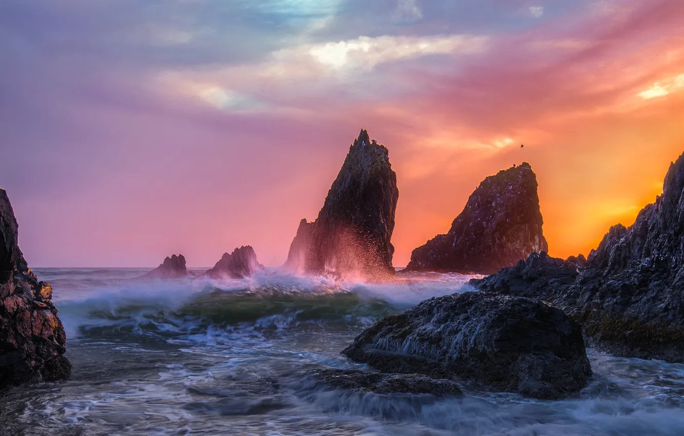 Фото обои волны, небо, закат, океан, скалы