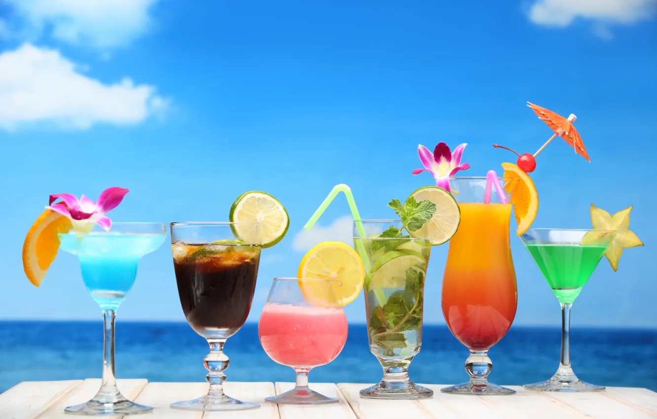Фото обои море, пляж, коктейль, summer, фрукты, beach, fresh, sea