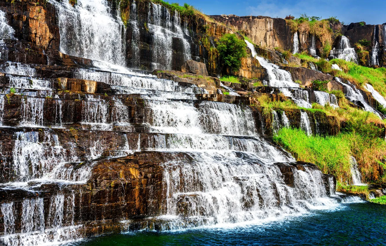 Фото обои солнце, камни, скалы, водопад, Вьетнам, Pongour waterfall