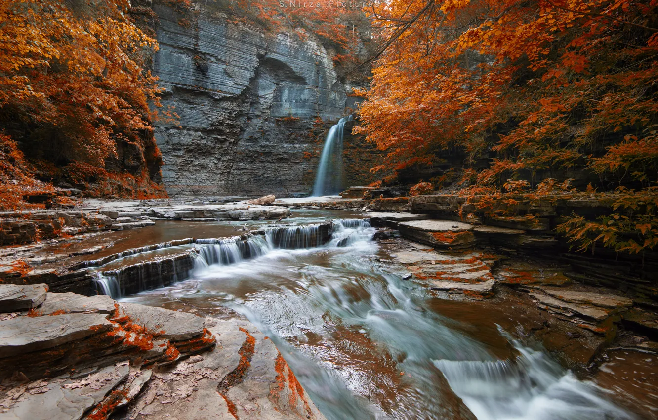 Фото обои осень, лес, деревья, скала, река, водопад