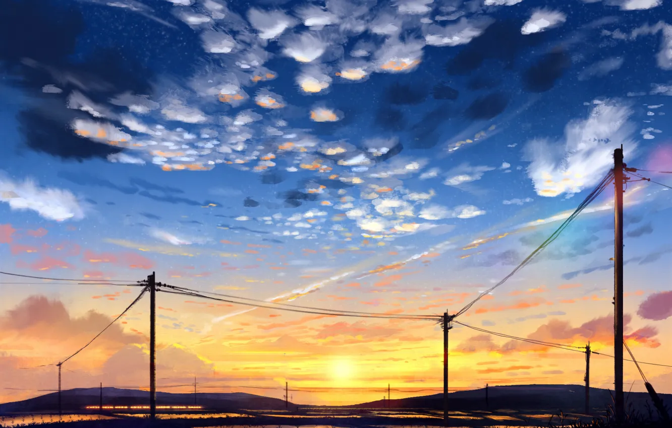 Фото обои облака, закат, Япония, Art, sunset, clouds, рисовые поля