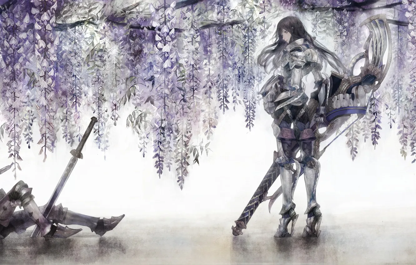 Фото обои девушка, оружие, дерево, меч, доспехи, аниме, воин, арт