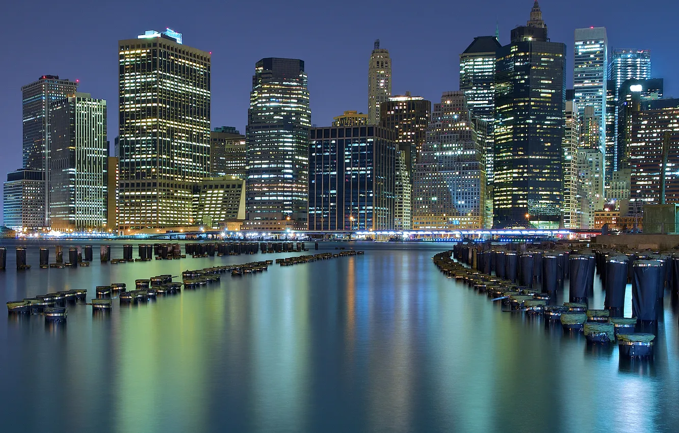 Фото обои здания, Нью-Йорк, залив, ночной город, небоскрёбы, New York City, сваи