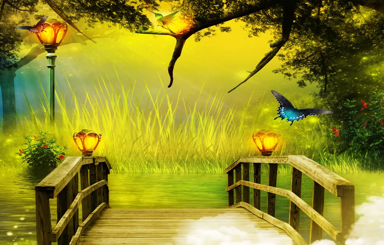 Фото обои лес, мост, фентези, бабочка, арт