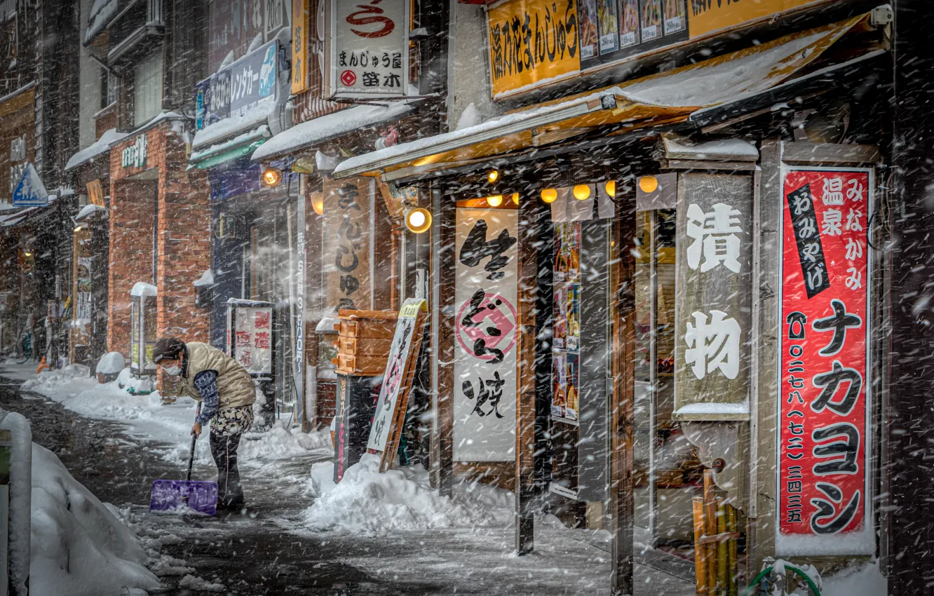 Фото обои снег, город, улица