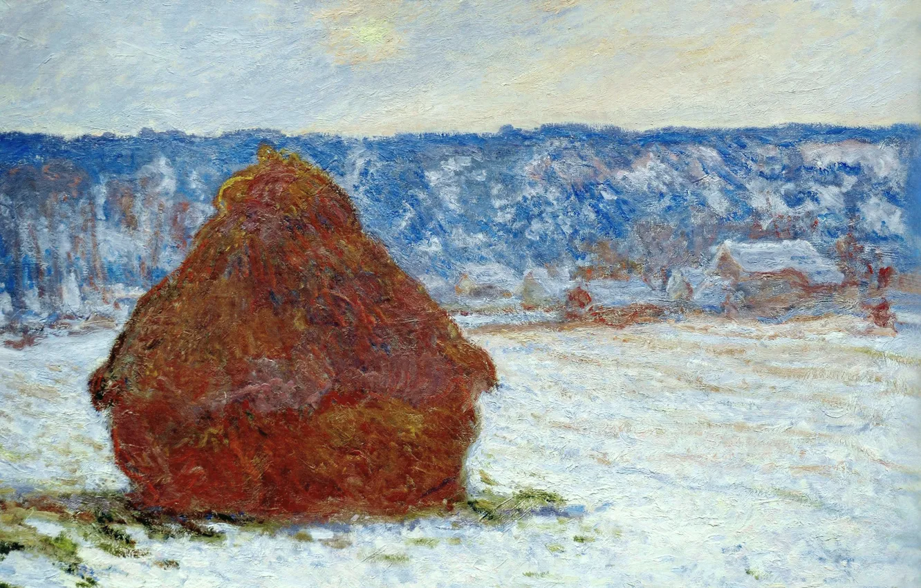 Фото обои пейзаж, картина, Клод Моне, Стог Сена в Пасмурную Погоду. Эффект Снега