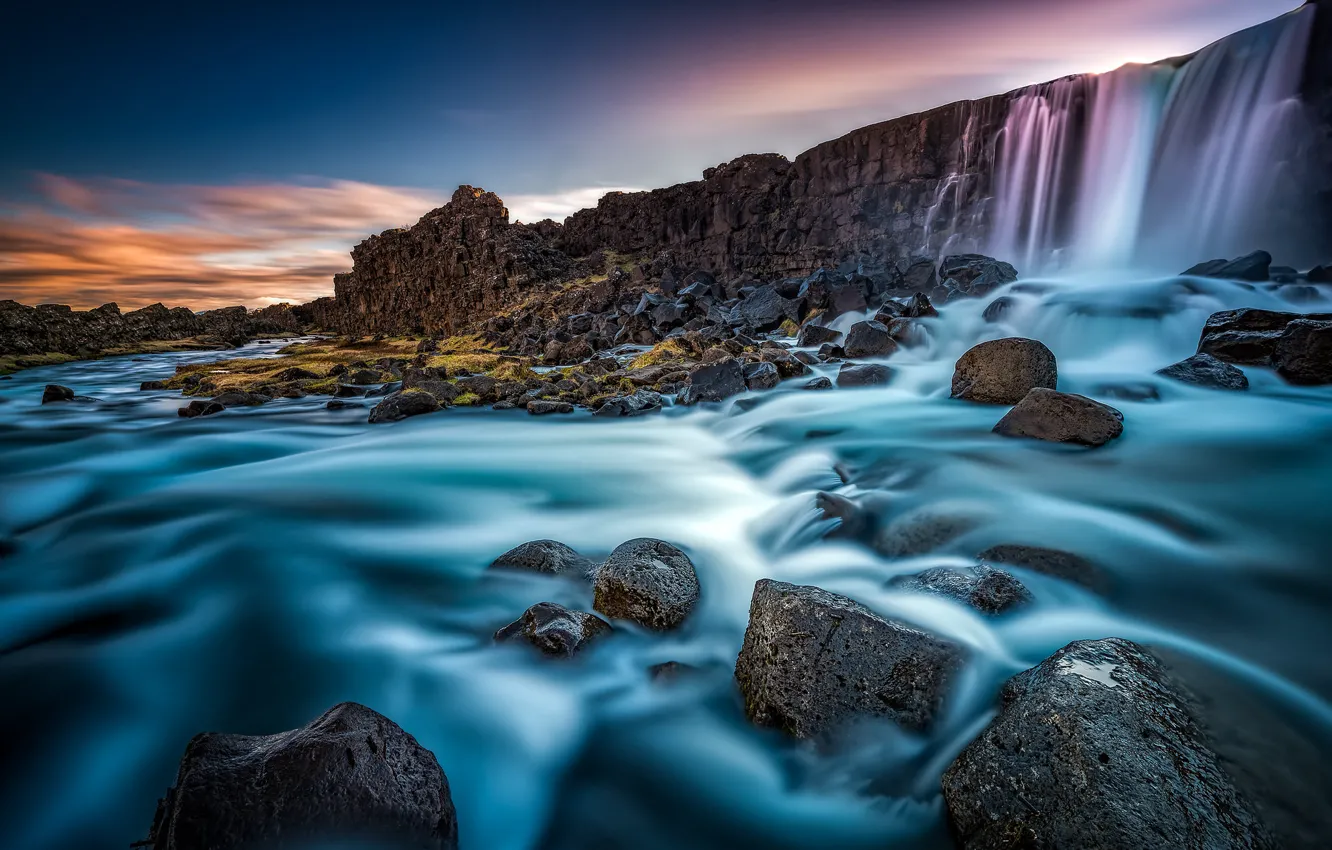 Фото обои река, камни, стена, водопад, Исландия, Iceland, Arnessysla, Oxara river