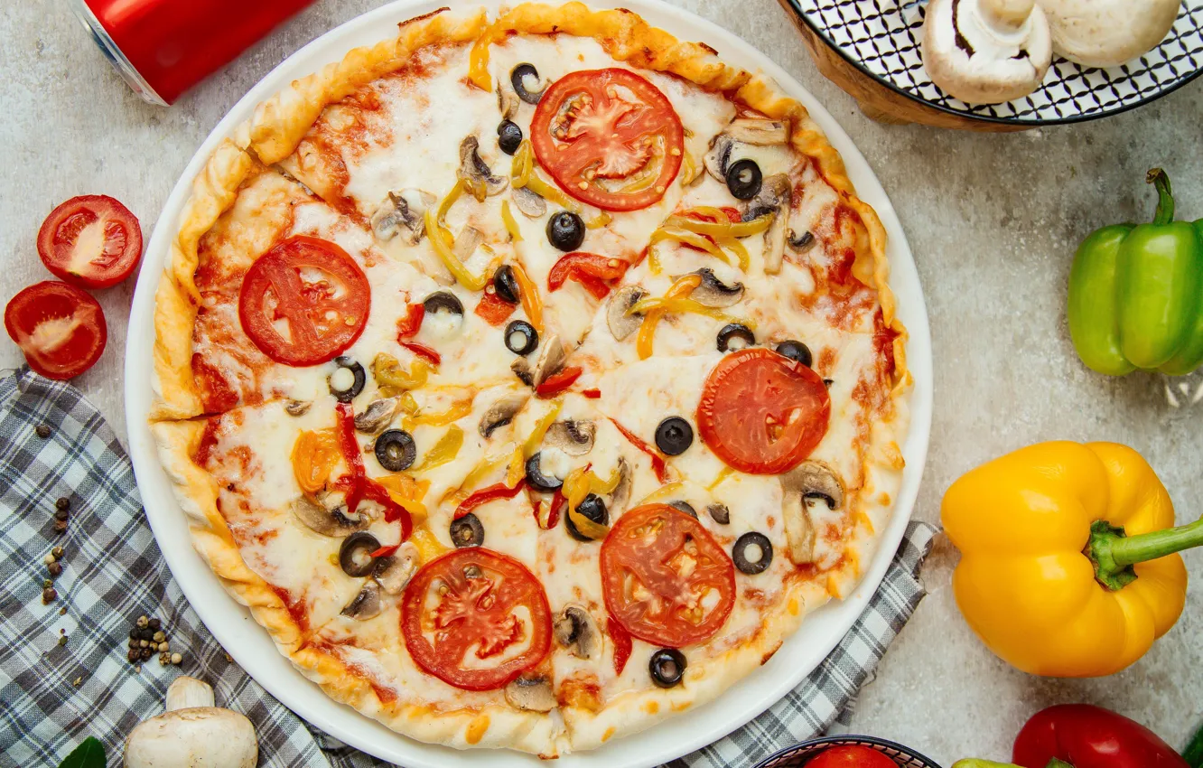 Фото обои грибы, сыр, перец, овощи, пицца, помидоры, pizza, маслины