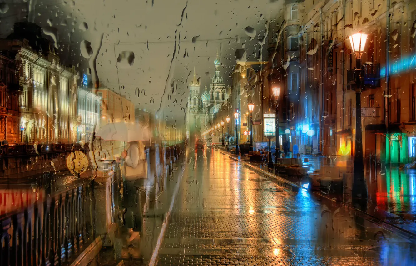 Фото обои девушка, зонт, Санкт-Петербург, ночной дождь