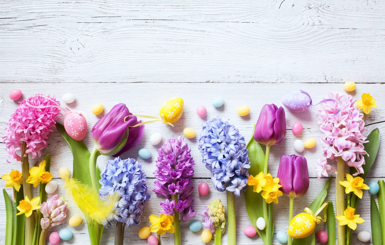 Фото обои цветы, весна, colorful, Пасха, крокусы, тюльпаны, wood, flowers