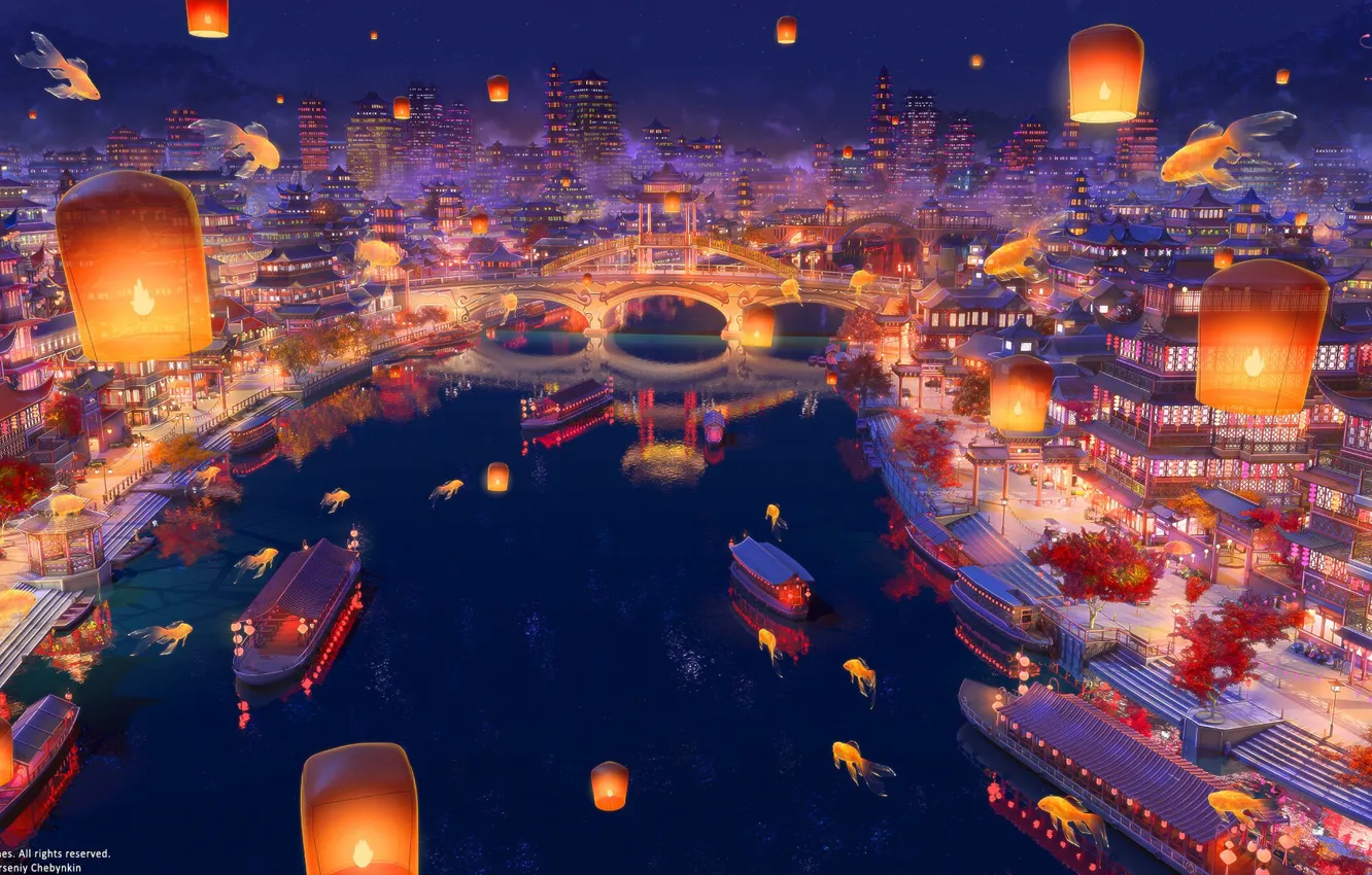 Фото обои мост, река, China, лодки, Азия, золотые рыбки, лестницы, фонарики