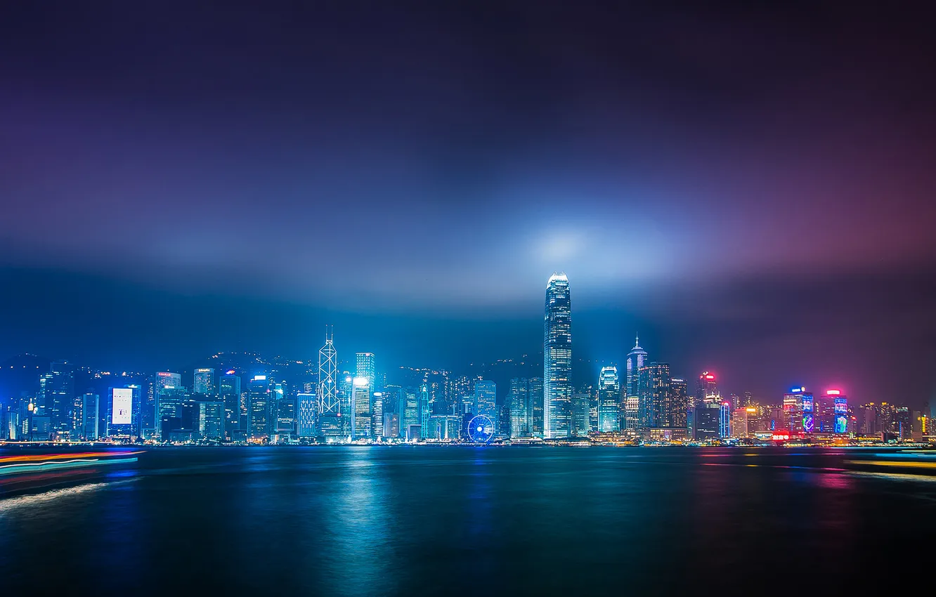 Фото обои city, light, ocean, night, hong kong