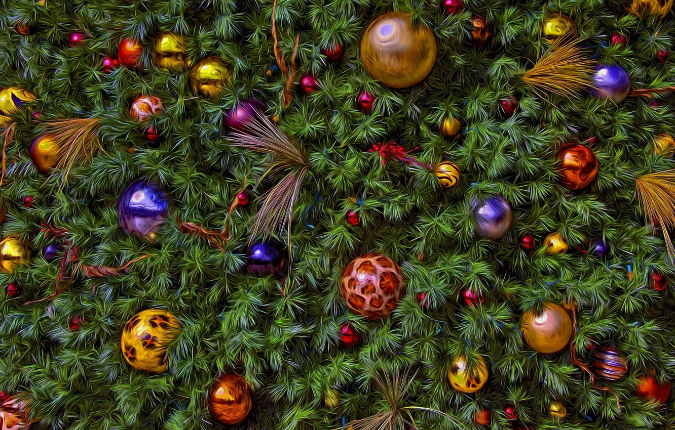 Фото обои шарики, украшения, фон, праздник, игрушки, новый год, рождество, ель