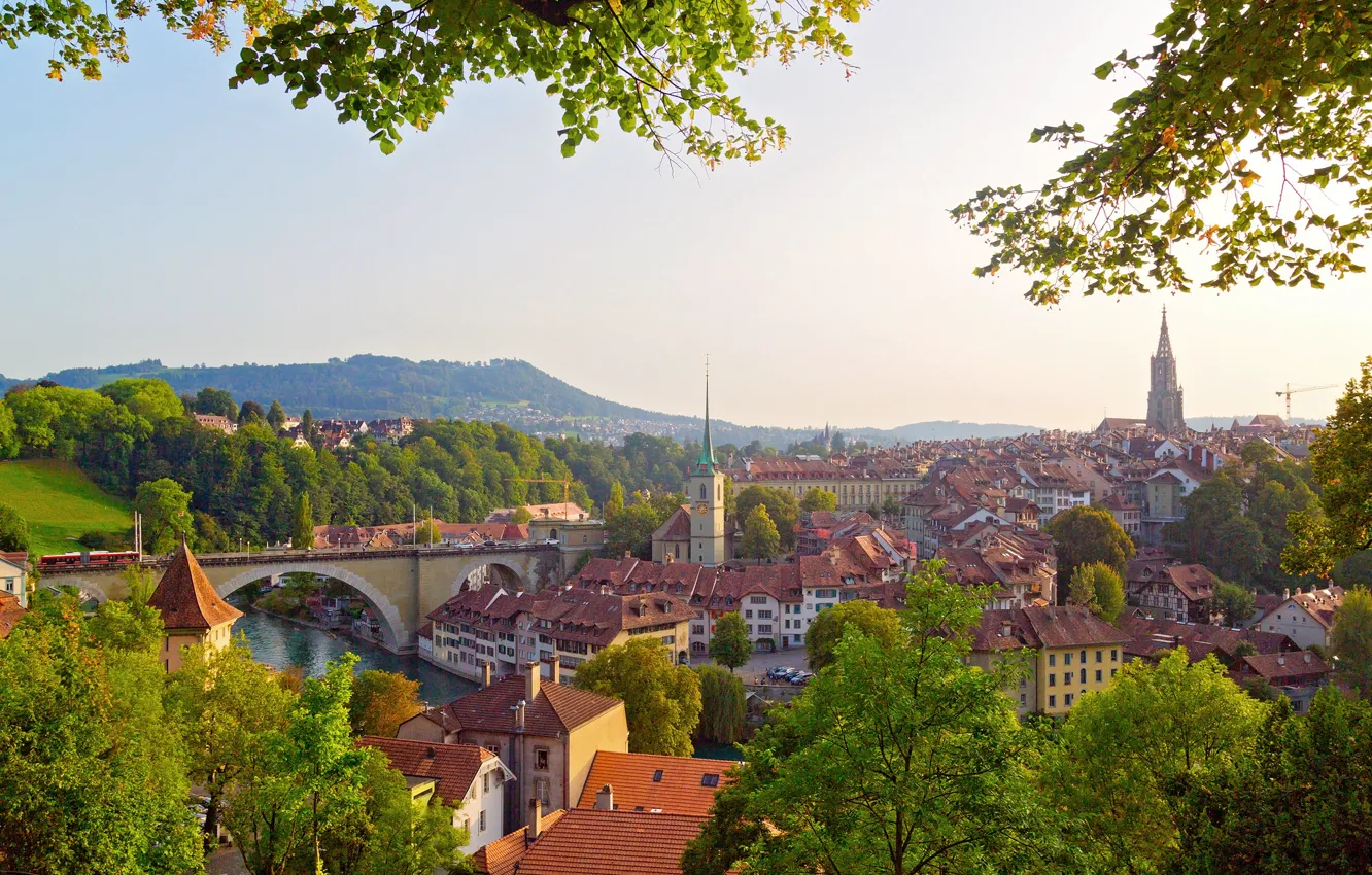 Фото обои зелень, деревья, мост, река, дома, Швейцария, Берн