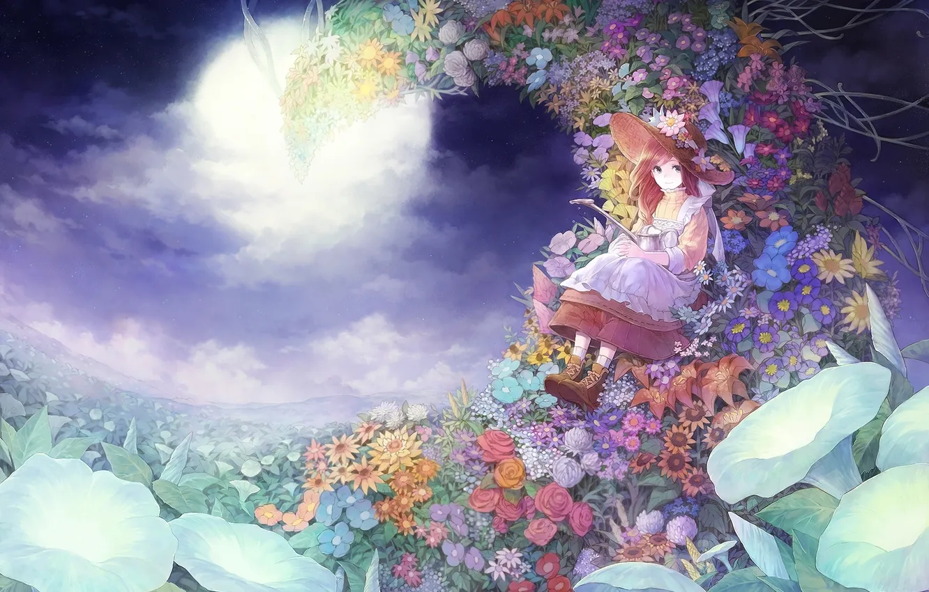 Фото обои цветы, ночь, луна, шляпа, сад, арт, девочка, лейка