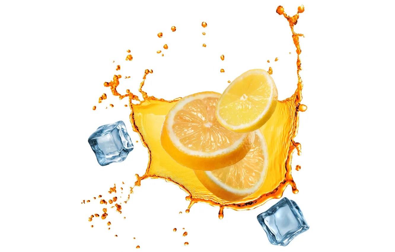 Фото обои лед, вода, брызги, лимон, белый фон, ice, water, дольки