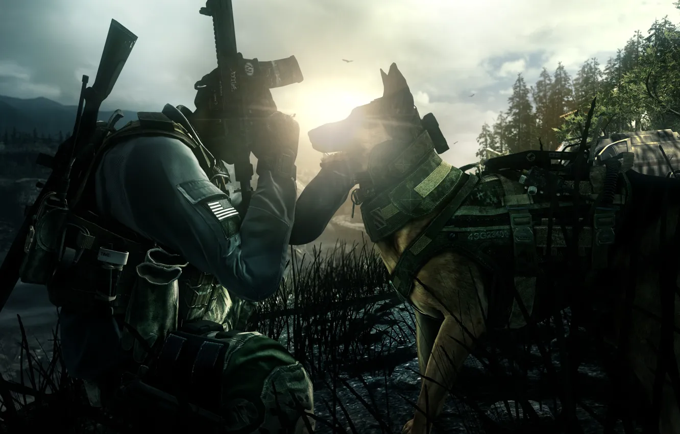Фото обои gun, pistol, Call of Duty, game, soldier, weapon, dog, man