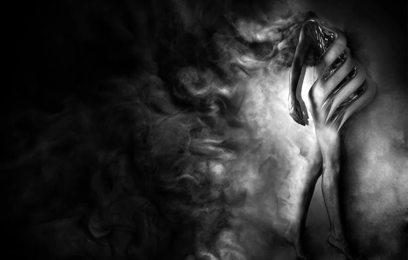 Фото обои девушка, дым, чёрно-белая