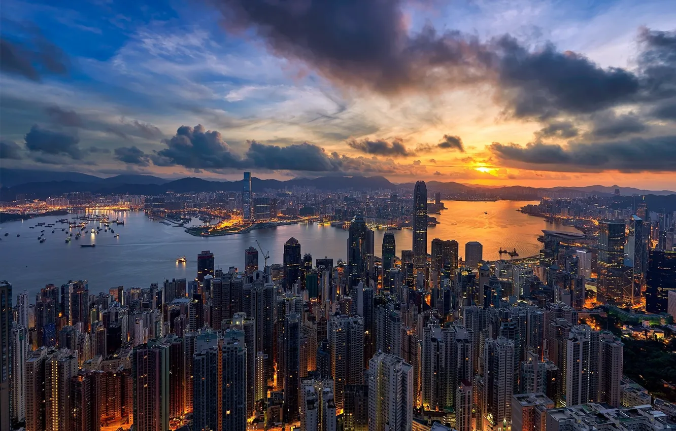 Фото обои ночь, Гонконг, Китай, небоскрёбы