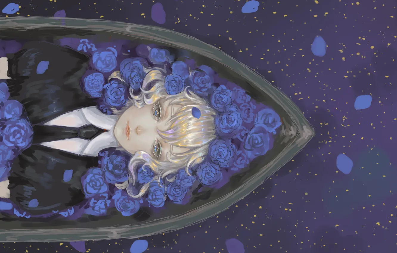 Фото обои девушка, розы, аниме, арт, синие розы, Houseki no Kuni