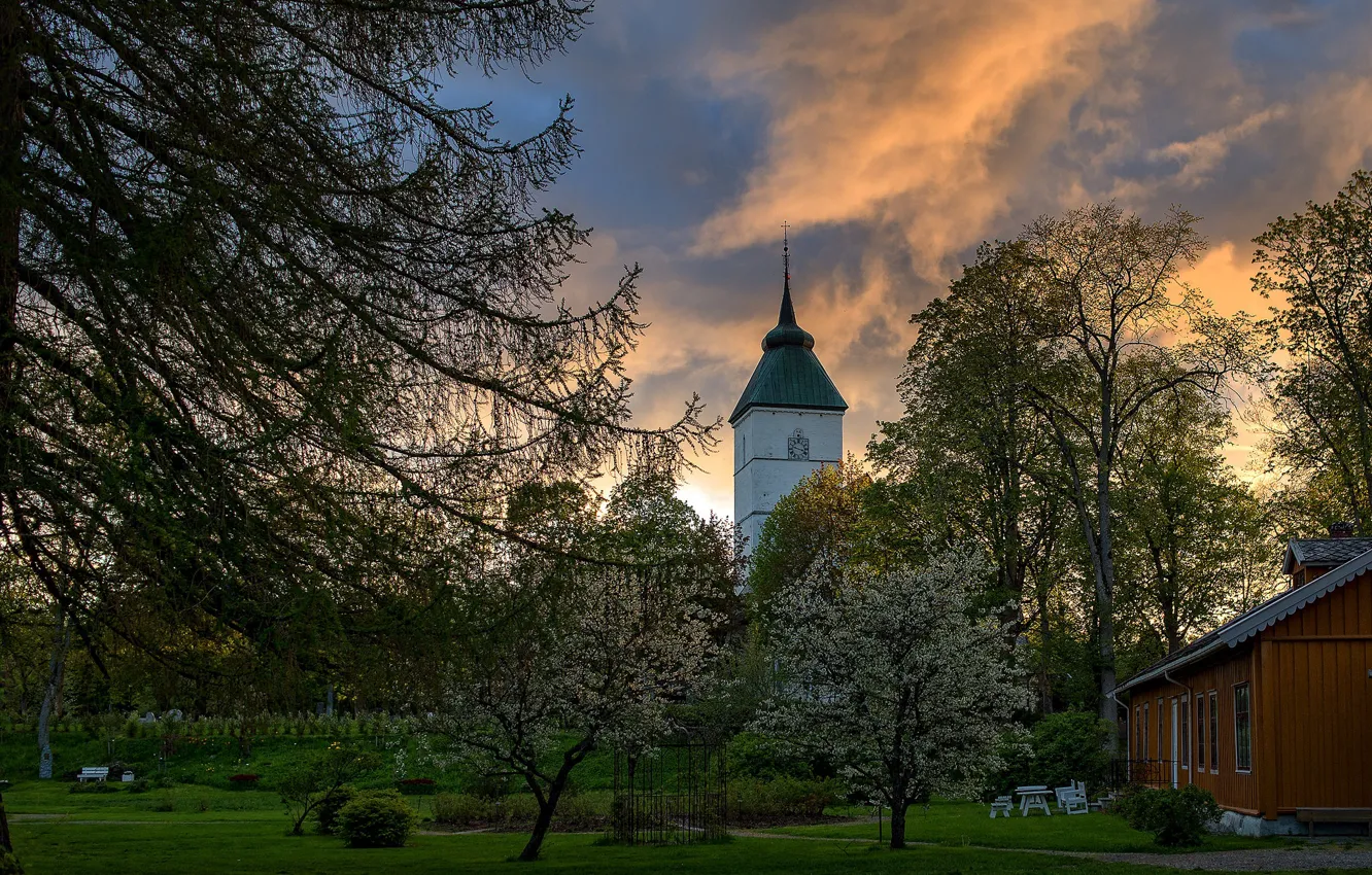 Фото обои весна, Норвегия, церковь, Værnes kirke