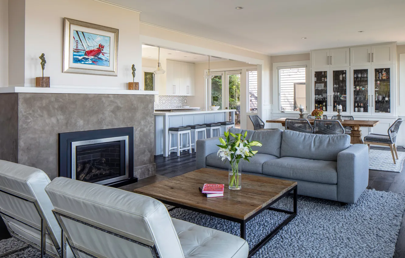 Фото обои дизайн, интерьер, кухня, гостиная, столовая, Sausalito, by David Ludwig architect, гонтовый стиль