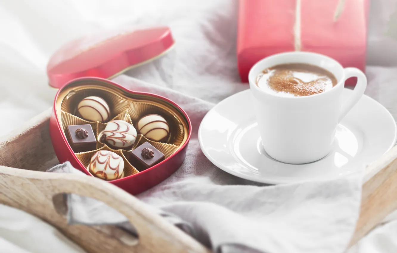 Фото обои конфеты, love, romantic, chocolate, gift, coffee, breakfast, valentine`s day