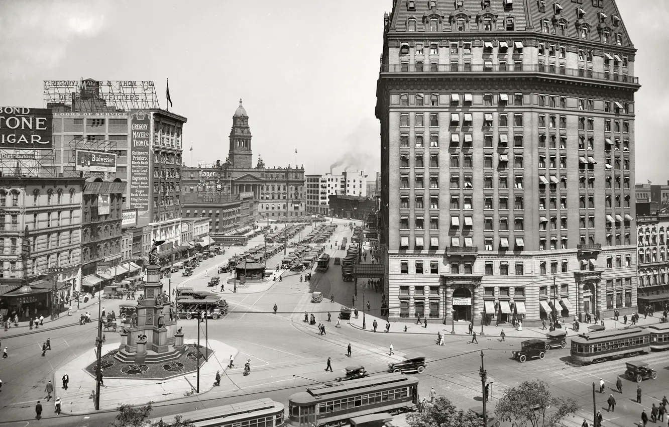 Фото обои ретро, улица, дома, площадь, памятник, США, автомобиль, 1916-й год
