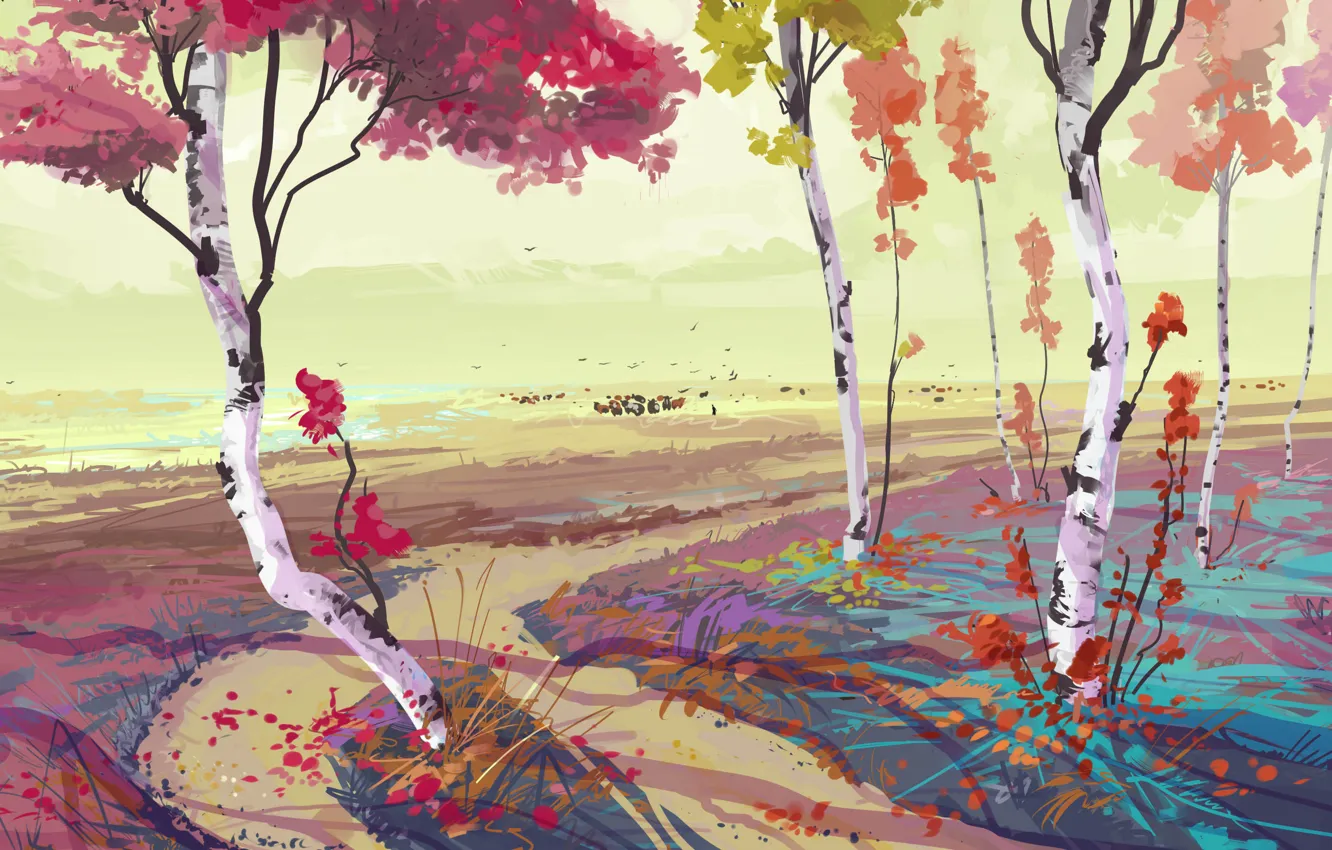 Фото обои осень, деревья, арт, берёзы, нарисованный пейзаж