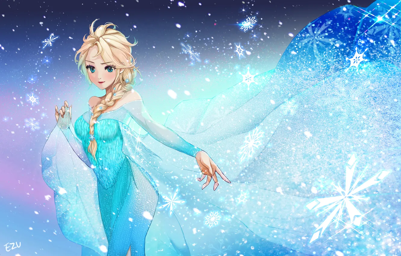 Фото обои Девушка, Платье, Снежинки, Frozen, Disney, Elsa
