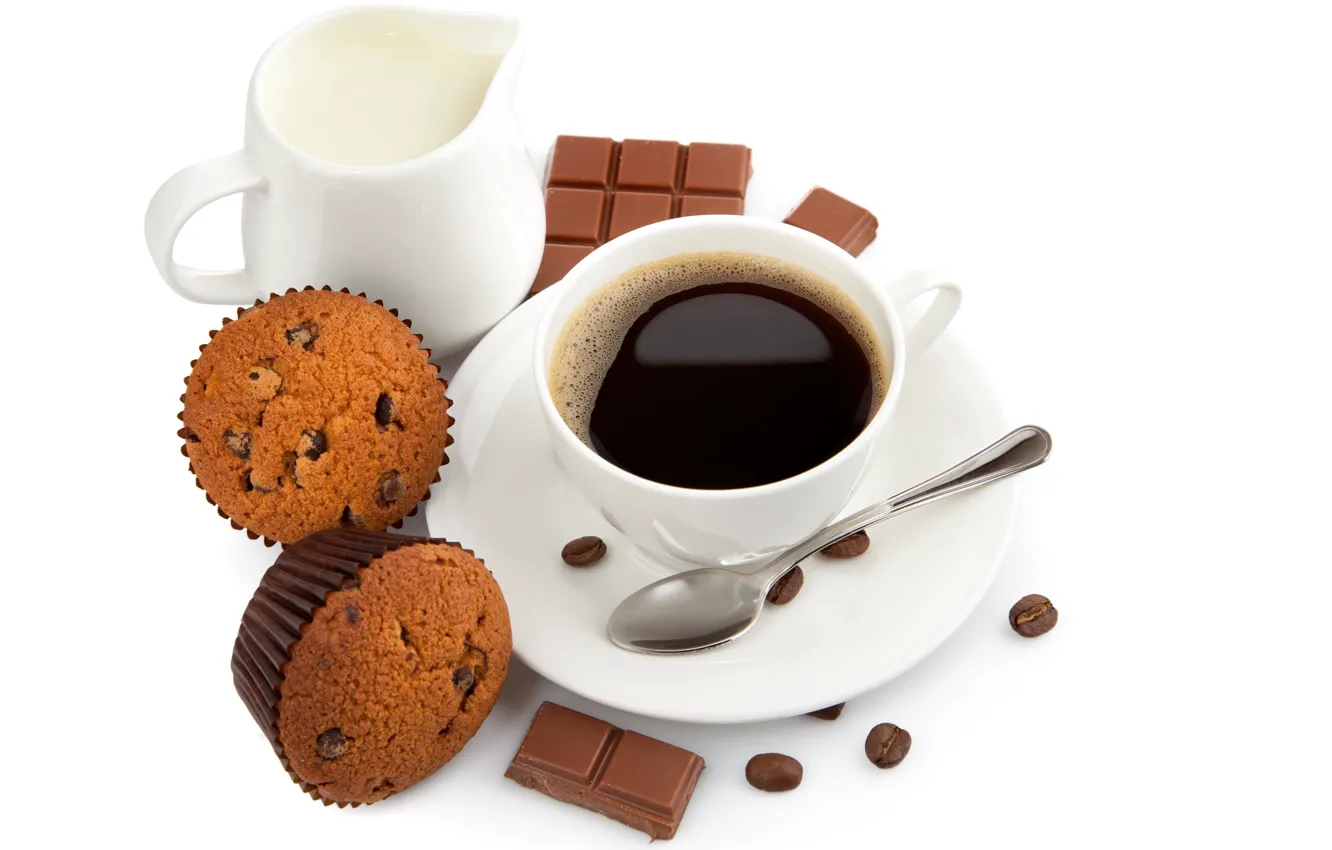 Фото обои кофе, шоколад, зерна, завтрак, молоко, ложка, чашка, сладости
