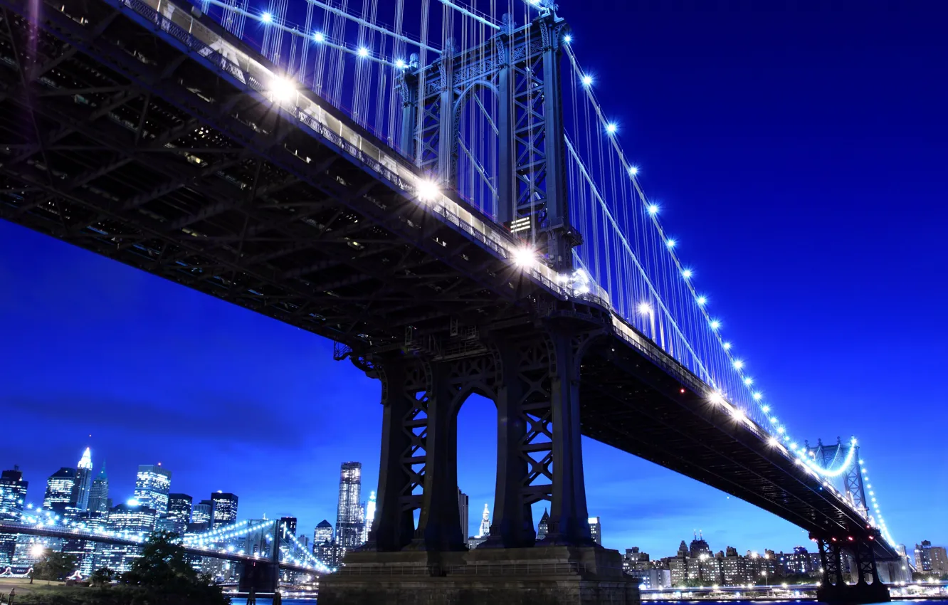 Фото обои ночь, сердце, Нью-Йорк, США, Бруклинский мост, мегаполис, night, New York city