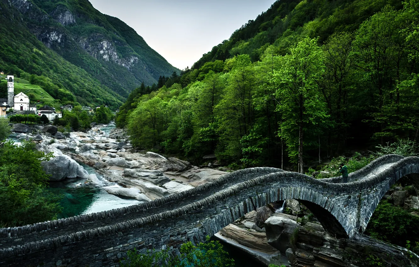 Фото обои лес, горы, мост, река, Швейцария, деревня, церковь, Switzerland