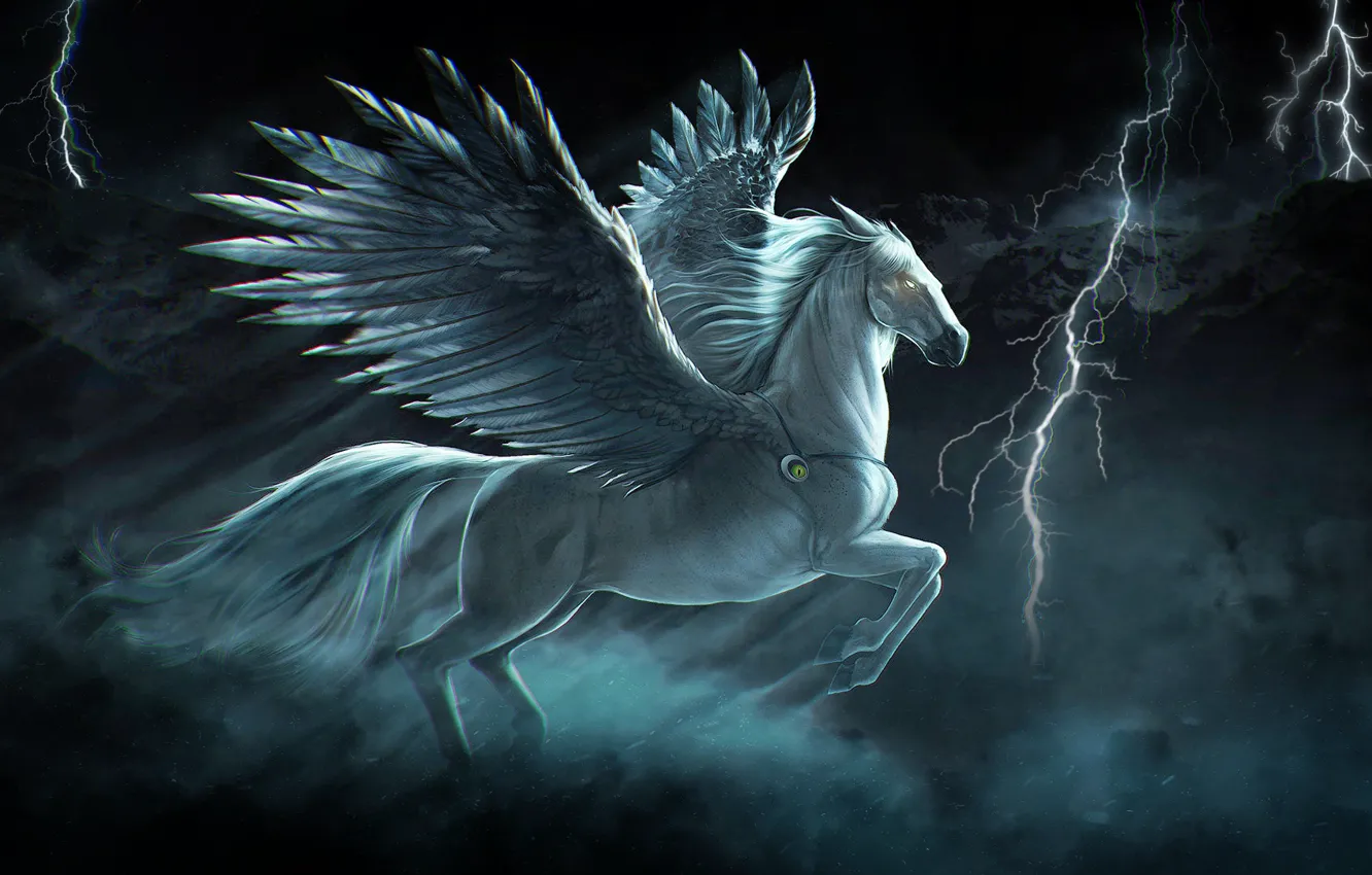 Фото обои Конь, Крылья, Молнии, Арт, Art, Фантастика, Fiction, Pegasus