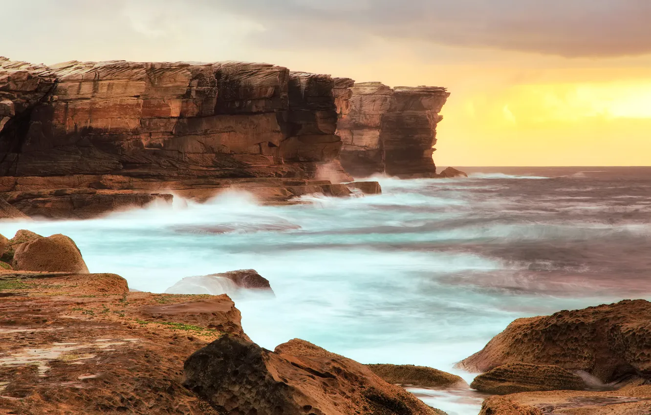 Фото обои море, океан, скалы, рассвет, побережье, австралия, sydney, australia