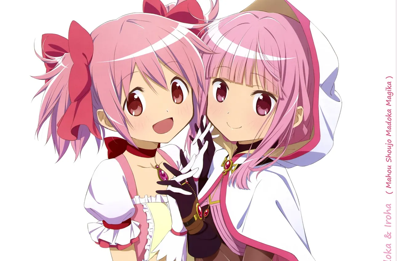 Фото обои капюшон, улыбки, подруги, mahou shoujo madoka magica, розовые волосы, kaname madoka, iroha, by Nobuhiro Sugiyama